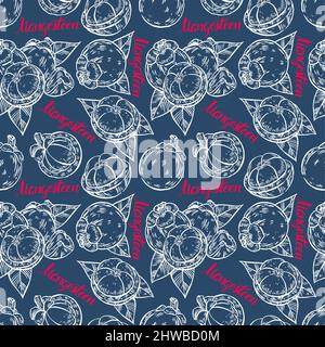 seamless pattern with appetizing delicious sketch mangosteens on a dark blue background. hand-drawn illustration Stock Vector