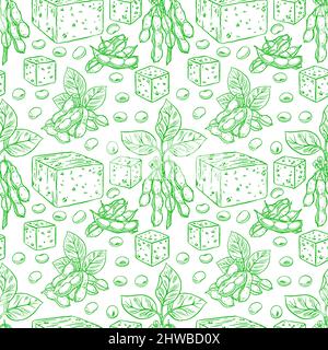 cute seamless background of soybeans and tofu. hand-drawn illustration Stock Vector