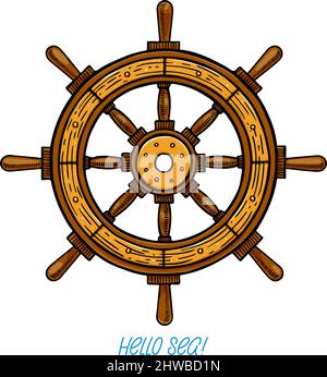 Marine theme. Hand drawn illustration of a steering wheel Stock Vector
