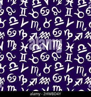 cute seamless pattern of sketch zodiac signs on a dark blue background. hand-drawn illustration Stock Vector