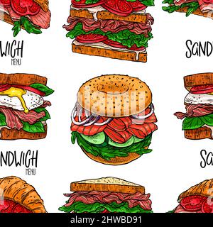 Seamless background of different appetizing sandwiches. Hand-drawn illustration Stock Vector