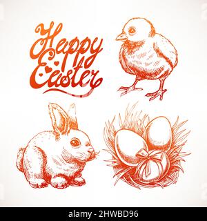 Easter sketch set with cute rabbit, chicken and nest with colored eggs. Hand-drawn illustration Stock Vector