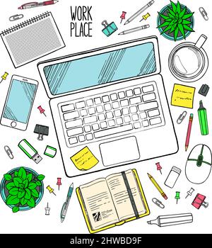 Hand drawn illustration of workplace top view with work elements Stock Vector