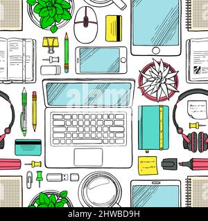 Seamless pattern with hand drawn elements of work and business top view. Workplace sketch background Stock Vector