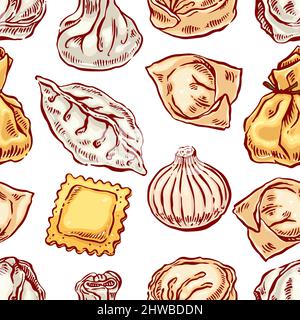 appetizing seamless with a variety of dumplings. hand-drawn illustration Stock Vector