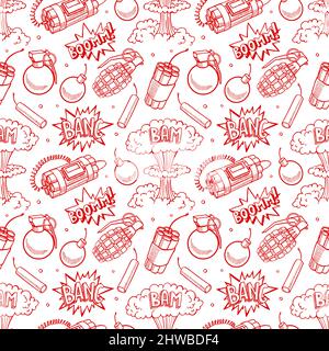 cute seamless pattern of various explosive devices. hand-drawn illustration Stock Vector