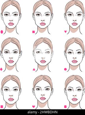 Different female face shapes. Vector illustration. Stock Vector