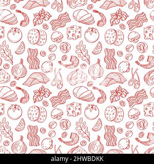 seamless pizza ingredients. bacon, greens, cheese, tomatoes. hand-drawn illustration Stock Vector