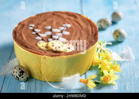 Homemade Easter cake made with yellow daffodils Easter chocolate cake with eggs. Stock Photo