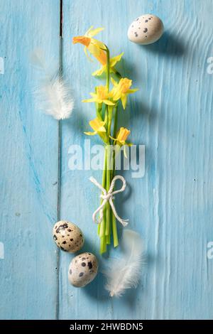 Easter eggs with daffodils and feathers as background. Easter eggs blue background. Stock Photo