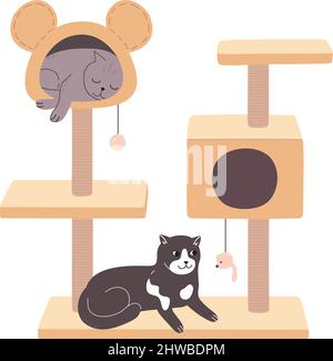 The cats are resting in the cat tower. Luxurious yellow pet house. Cat tree with a home and a scratching post. Black and white and gray kitten lie on their furniture. Flat vector illustration isolated. Stock Vector