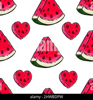 cute seamless pattern with slices of ripe watermelon. hand-drawn illustration Stock Vector