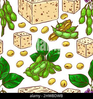 cute seamless background of soybeans and tofu. hand-drawn illustration Stock Vector