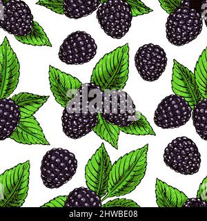 Cute seamless background with ripe bramble and leaves. hand-drawn illustration Stock Vector