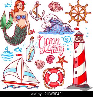 beautiful colorful set on the marine theme. Mermaid and the lighthouse. hand-drawn illustration Stock Vector