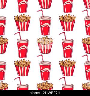 seamless background with appetizing fried potatoes and drinks Stock Vector