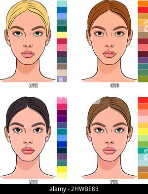 Stock vector seasonal color analysis palette for all types of female  appearance. Best colors for for 12 types. Face of young woman. Stock Vector