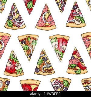 Seamless pattern of hand drawn pizza slices. Vector illustration Stock Vector