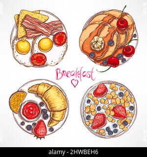 set with four different types of breakfast. hand-drawn illustration Stock Vector