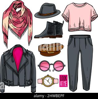 https://l450v.alamy.com/450v/2hwbepf/fashion-collection-of-girl-clothing-and-accessories-casual-woman-style-hand-drawn-illustration-2hwbepf.jpg