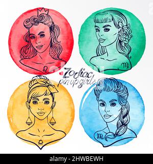 set of four zodiac signs as a girls in the pin-up style. Leo. Libra. Virgo. Scorpio. Hand-drawn illustration Stock Vector