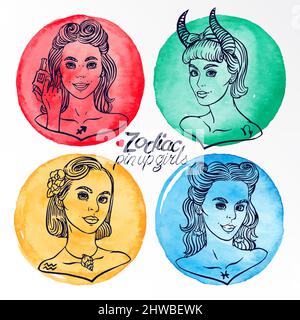 set of four zodiac signs as a girls in the pin-up style. Hand-drawn illustration Stock Vector