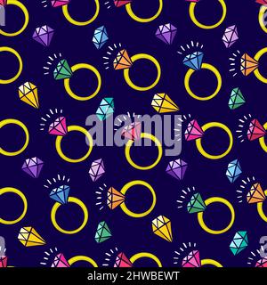 cute seamless background of rings and different gems on a dark background. hand-drawn illustration Stock Vector