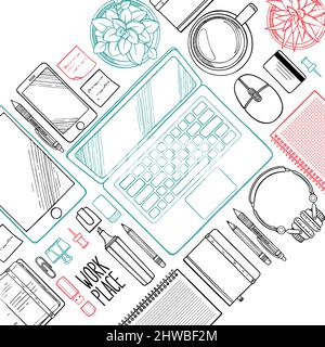 Workspace pattern – Blue tone laptop, keyboard, office items Stock Vector