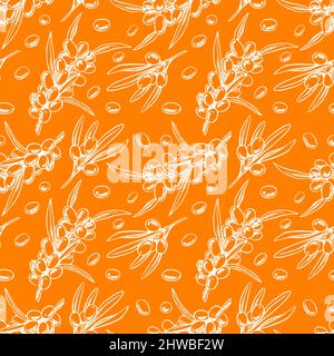 Beautiful orange seamless background with sprigs of sea buckthorn Stock Vector