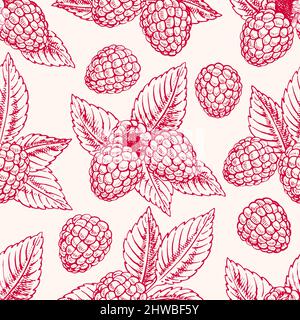 Cute seamless background with ripe pink raspberries and leaves. hand-drawn illustration Stock Vector