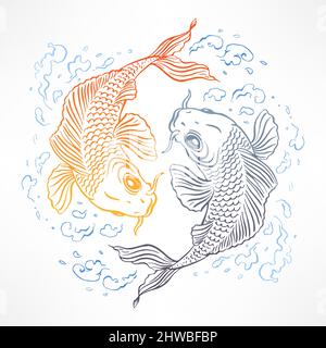 beautiful card with orange and gray Japanese carps. hand-drawn illustration Stock Vector