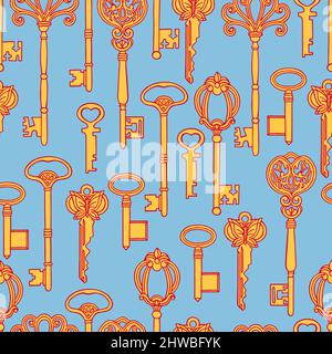 Beautiful seamless background of orange vintage keys on a blue background. hand-drawn illustration Stock Vector