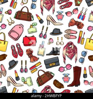 Cute seamless background of female clothing, shoes and accessories. Hand-drawn illustration Stock Vector