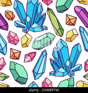beautiful seamless pattern of a variety of crystals and gemstones. hand-drawn illustration Stock Vector