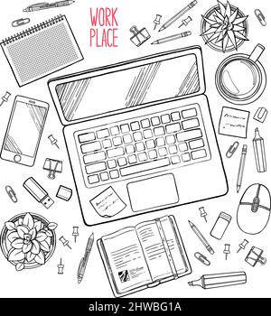 Workspace pattern – Laptop, keyboard, mouse, coffee, notebook, office supplies Stock Vector