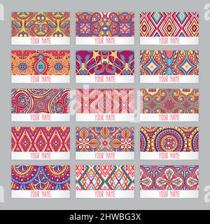 a set of fifteen business cards with vintage floral patterns Stock Vector