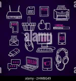 cute set of sketch computer icons on dark background. hand-drawn illustration Stock Vector