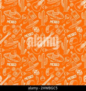 cute seamless orange background of a different traditional Mexican items. hand-drawn illustration Stock Vector