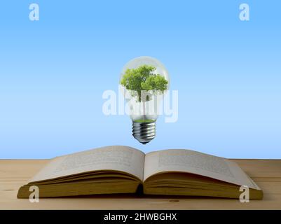 Knowledge. Light bulb with a tree inside suspended on an old open book. Blue background Stock Photo