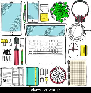 Seamless pattern of workspace items including laptop, keyboard, mouse, monitor, and office supplies. Tech and office themed Stock Vector
