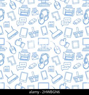 cute seamless pattern with blue computer icons on white background. hand-drawn illustration Stock Vector