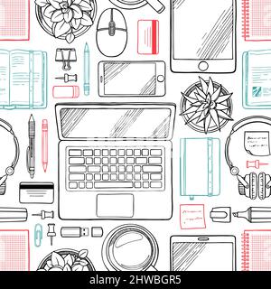 Seamless pattern of workspace items including laptop, keyboard, mouse, monitor, and office supplies. Tech and office themed Stock Vector