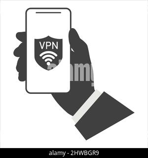 Connecting to VPN mobile network. Hand holding smartphone showing mobile app of a VPN service. Virtual private network cyber security. Illustration Stock Vector