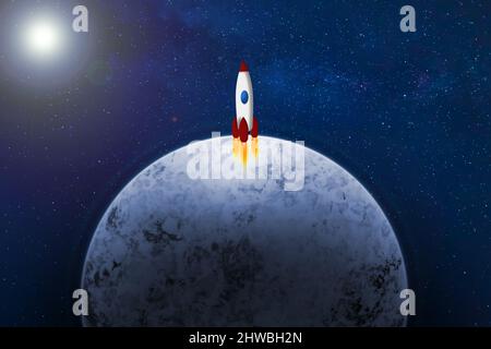 Ice exoplanet with a rocket,  background with distant sun,  stars and nebulae.Space exploration Stock Photo