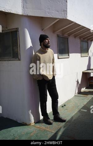 sailor bearded man in the harbor Stock Photo