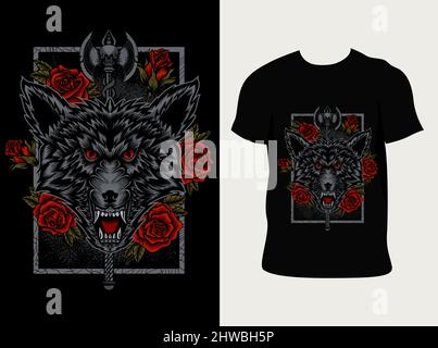 illustration vector angry wolf head with rose flower Stock Vector