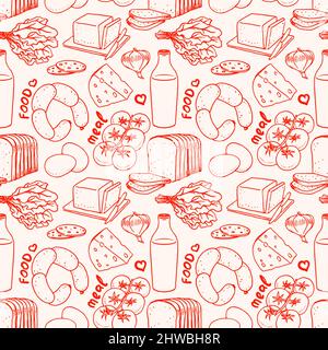 Seamless red and white background with different food Stock Vector
