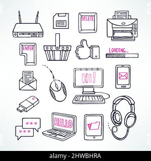 cute set of sketch computer icons on white background. hand-drawn illustration Stock Vector