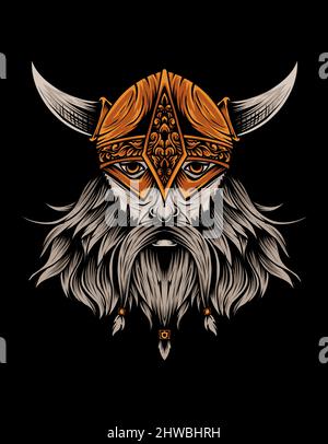 Viking head on black background-vector illustration art. Stock Vector