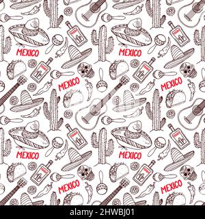 cute seamless background of a different traditional Mexican items. hand-drawn illustration Stock Vector